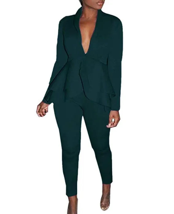 Women's ruffled blouse and pencil trousers business casual pantsuit in eight colour options