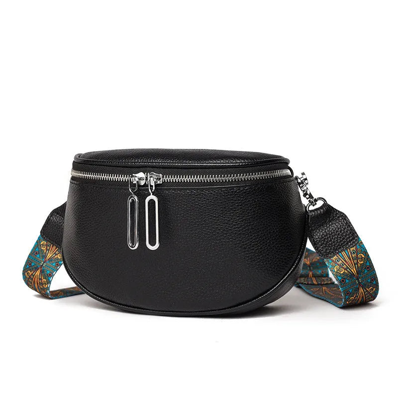 Women's saddle-shaped PU leather messenger bag in green colour with cross-body strap and exterior pocket