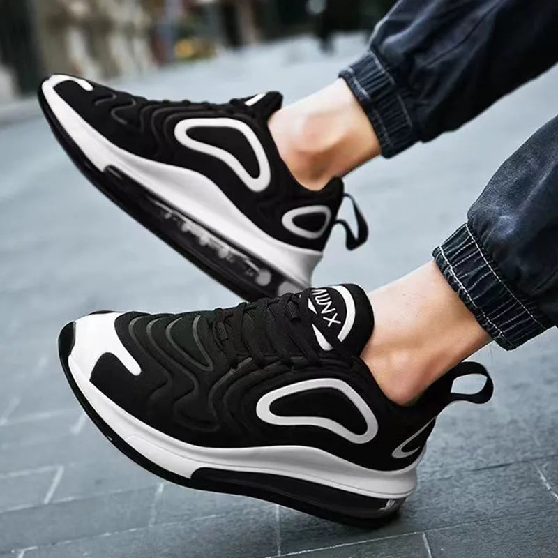 Men's black casual sneakers with lace-up design and thick sole for outdoor activities