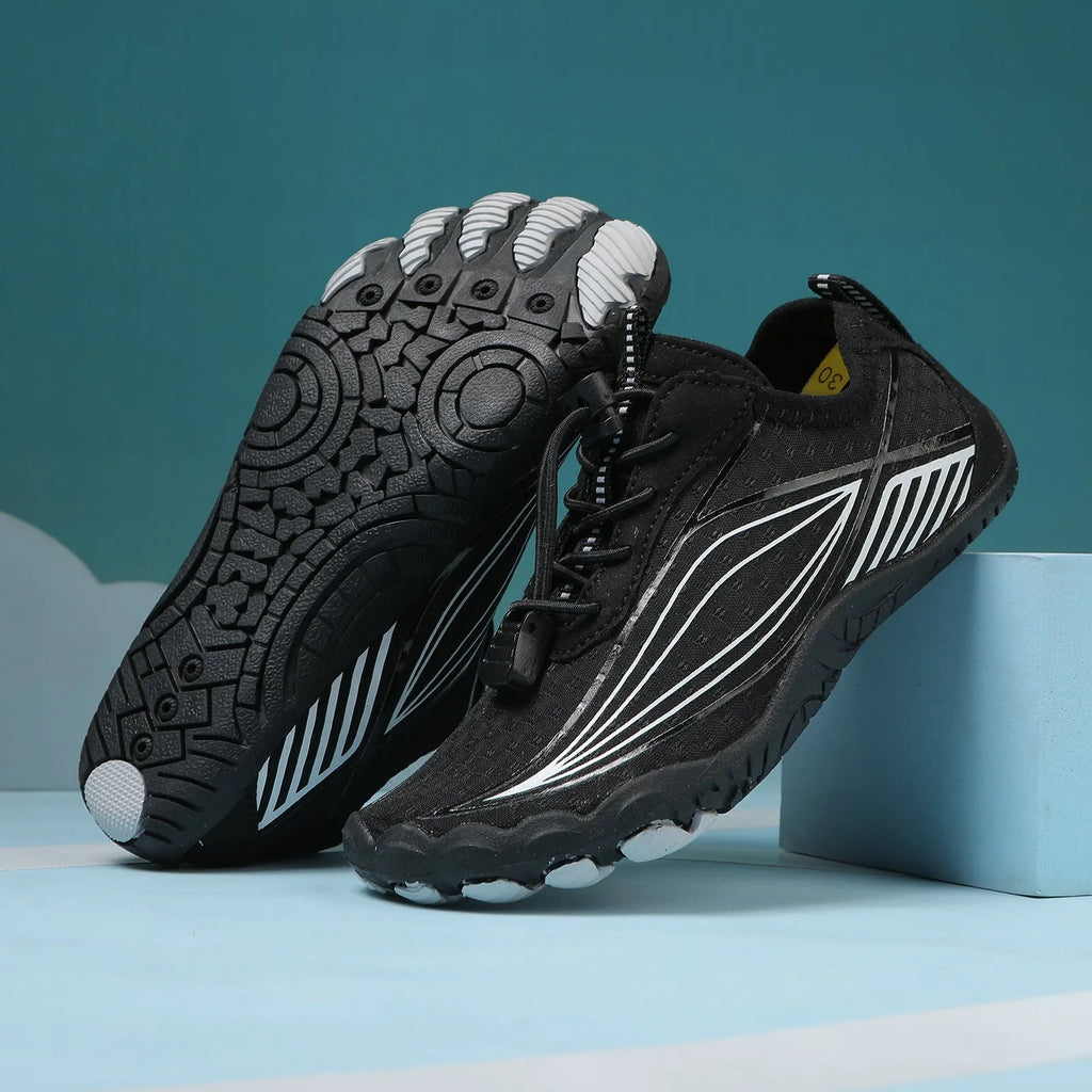 Children's elasticated water shoes in blue with a non-slip rubber sole and breathable mesh upper.