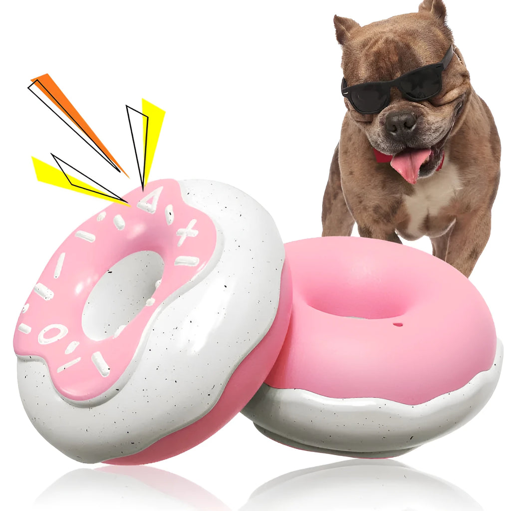 TPR molar teeth cleaning donut dog toy with squeaker in pink, chocolate or yellow colour