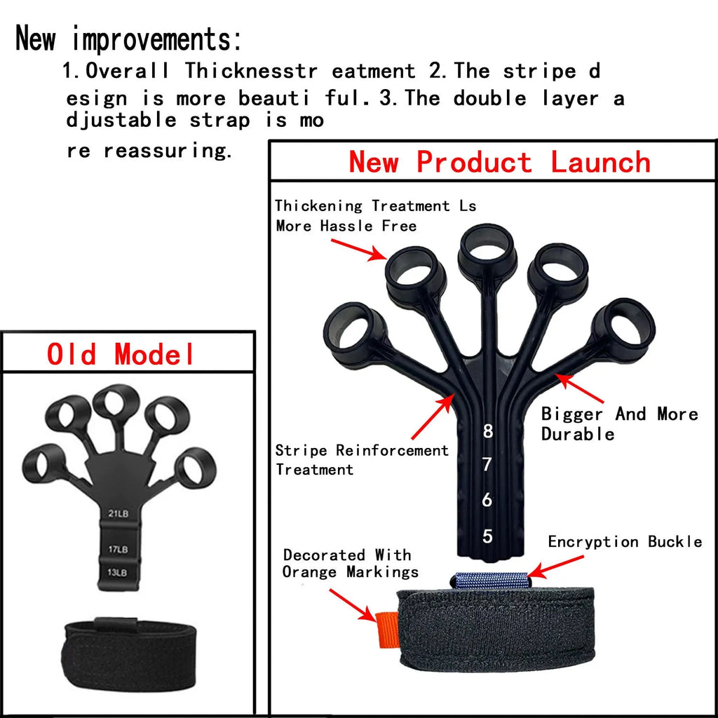 Black or grey silicone finger flexion and extension trainer with adjusting belt for adult hand rehabilitation