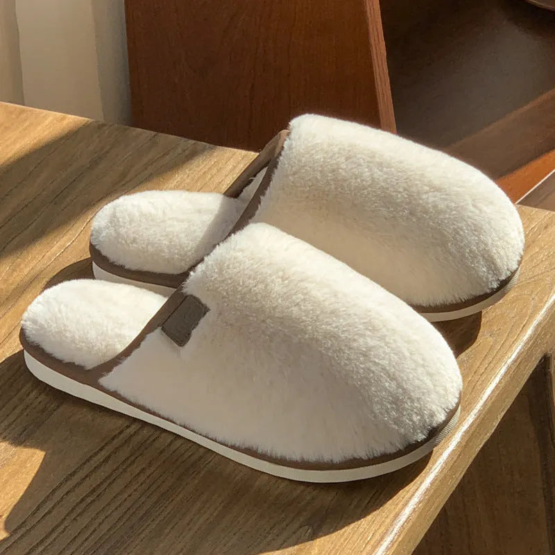 Solid colour winter plush house slippers with non-slip PVC sole in blue, brown, coffee, pink, or white