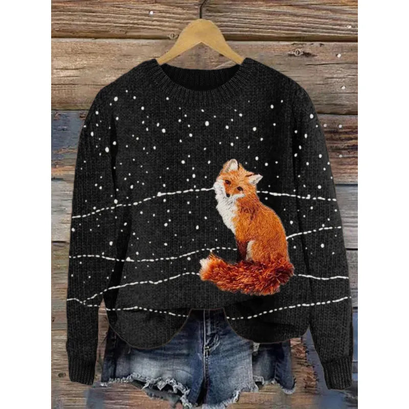 A round neck casual sweater with a small digital floral print, shown in one of thirteen available colours.