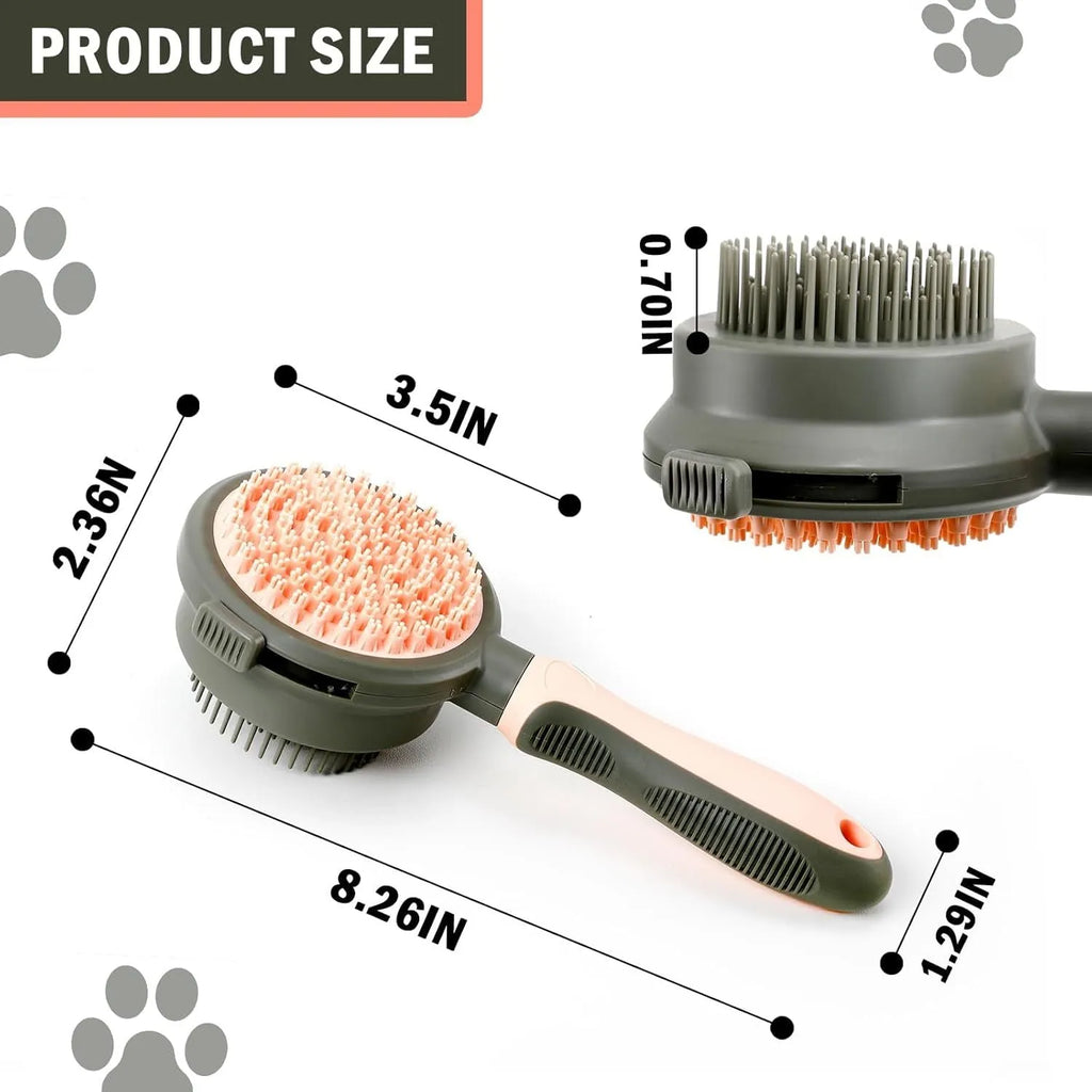 Double-sided cat brush with smooth brush and flea comb on reverse sides, showing release button mechanism