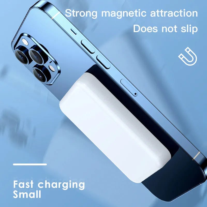 Pink, purple, and white magnetic wireless power bank showing compact 100x64x18mm size