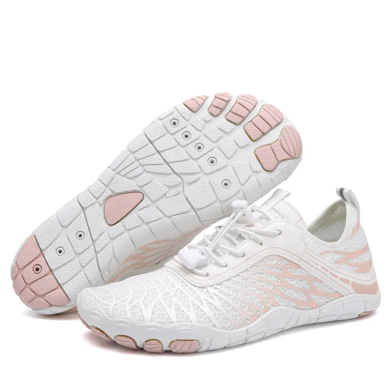 Outdoor upstream sports shoes with non-slip rubber sole and breathable gauze lining in white black pink ash orange and black blue