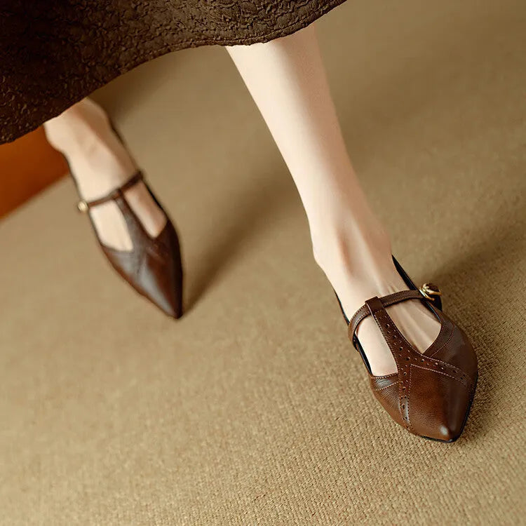 Brown women's pointed toe flat shoes with cowhide leather upper and metal detail