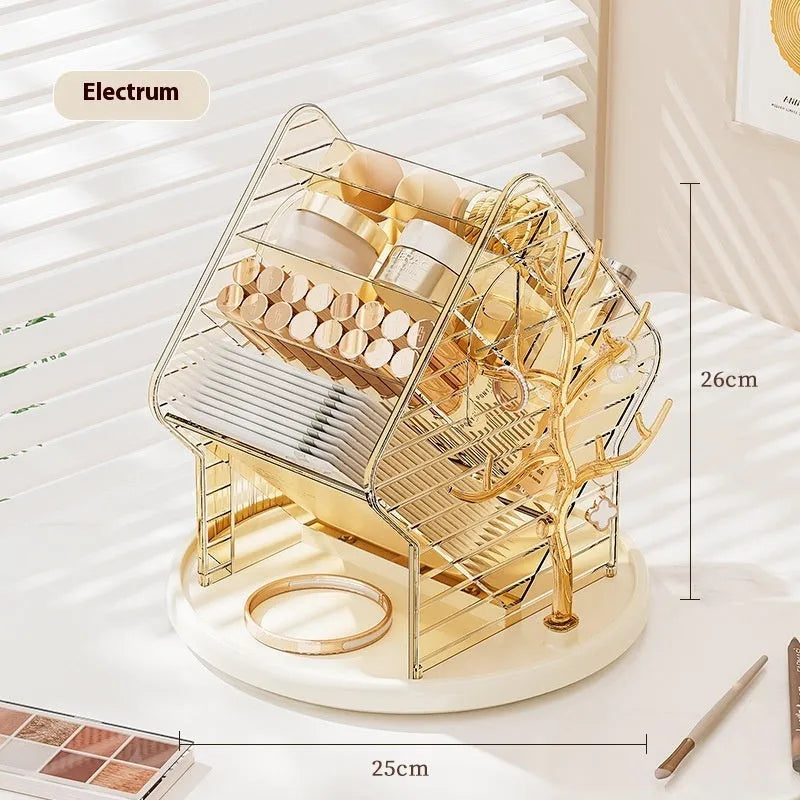 360 degree rotating plastic cosmetics storage box in Amber Gold and Clear colours for vanity organisation