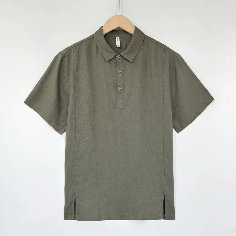 Men's loose-fit linen summer top with thin lapels and short sleeves in gray green colour