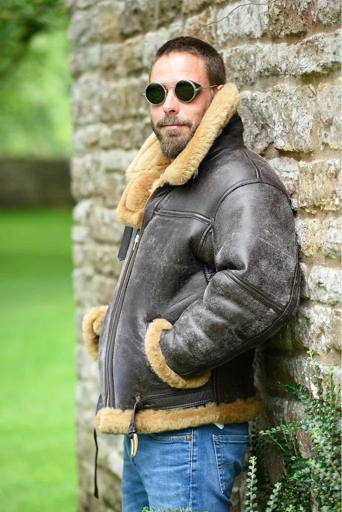 Brown synthetic leather retro fur coat for men with 65cm length and side pockets