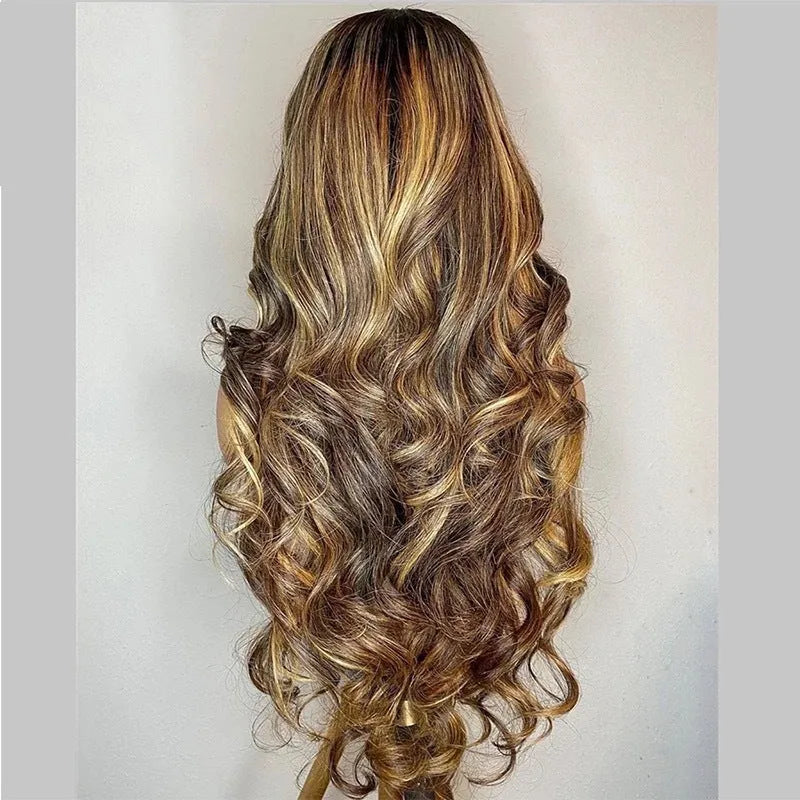 Long black to piano gradient curly front lace wig with side bangs, 134cm length.