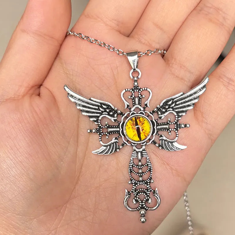 Alloy devil wings and cross geometric pendant necklace on a chain.