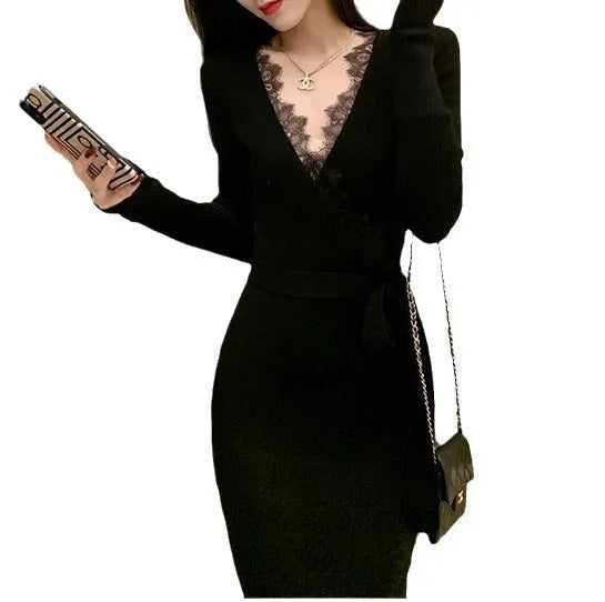 Black slim fit woolen skirt with princess dress styling on dress form