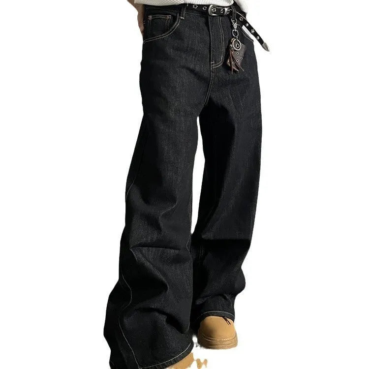Black loose wide-leg jeans with straight-leg cut and mid-waist design in retro style