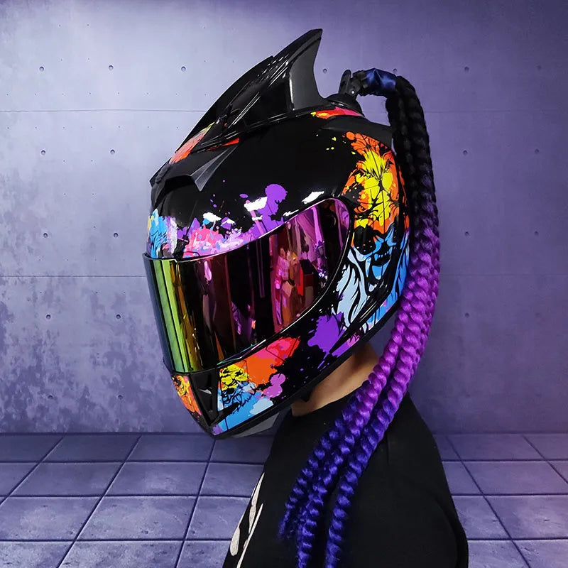 Couples' Dirty Braids graphic full face motorcycle helmet in ABS plastic on a white background.