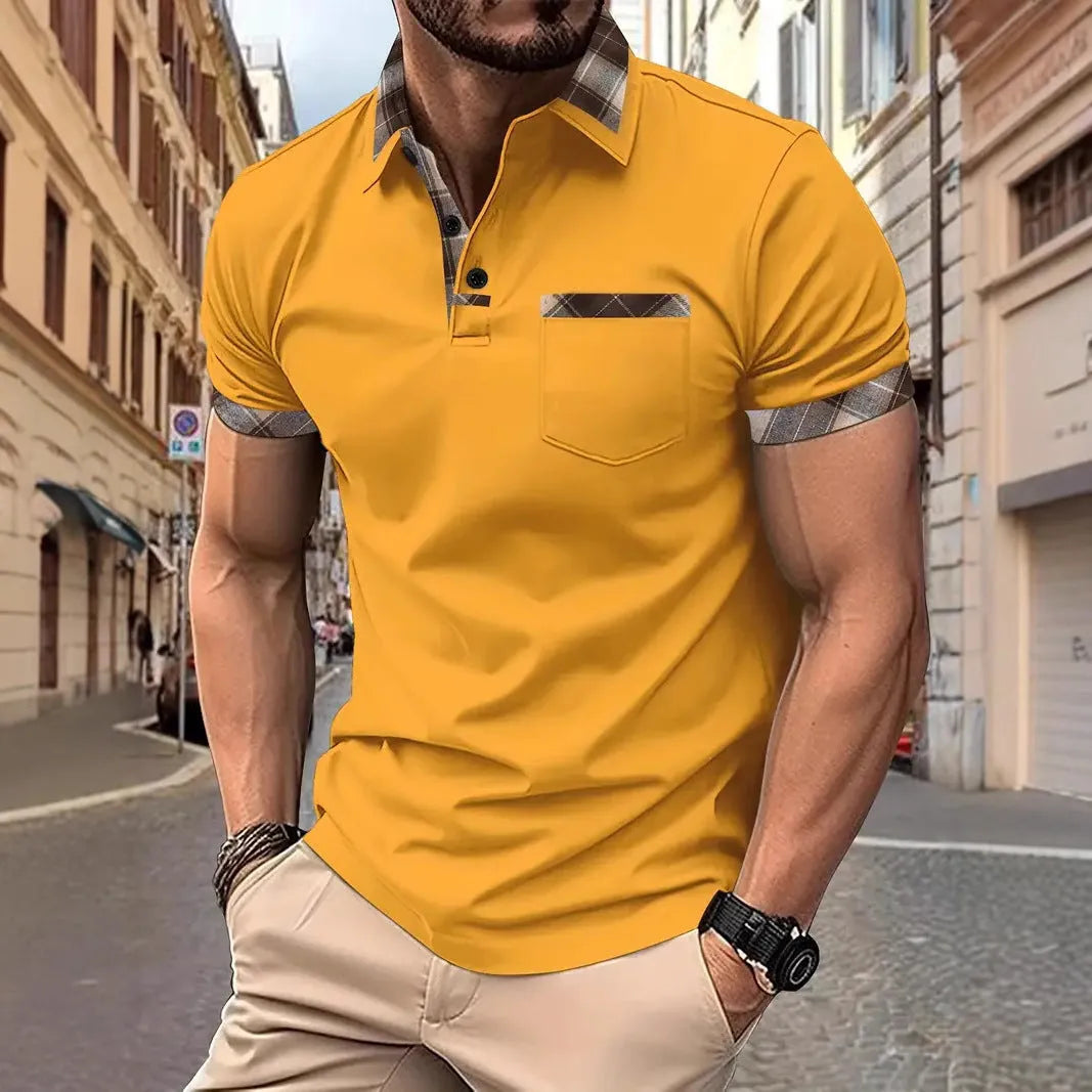 Men's plaid colourblock t-shirt with zipper decoration on front, short sleeves, loose fit