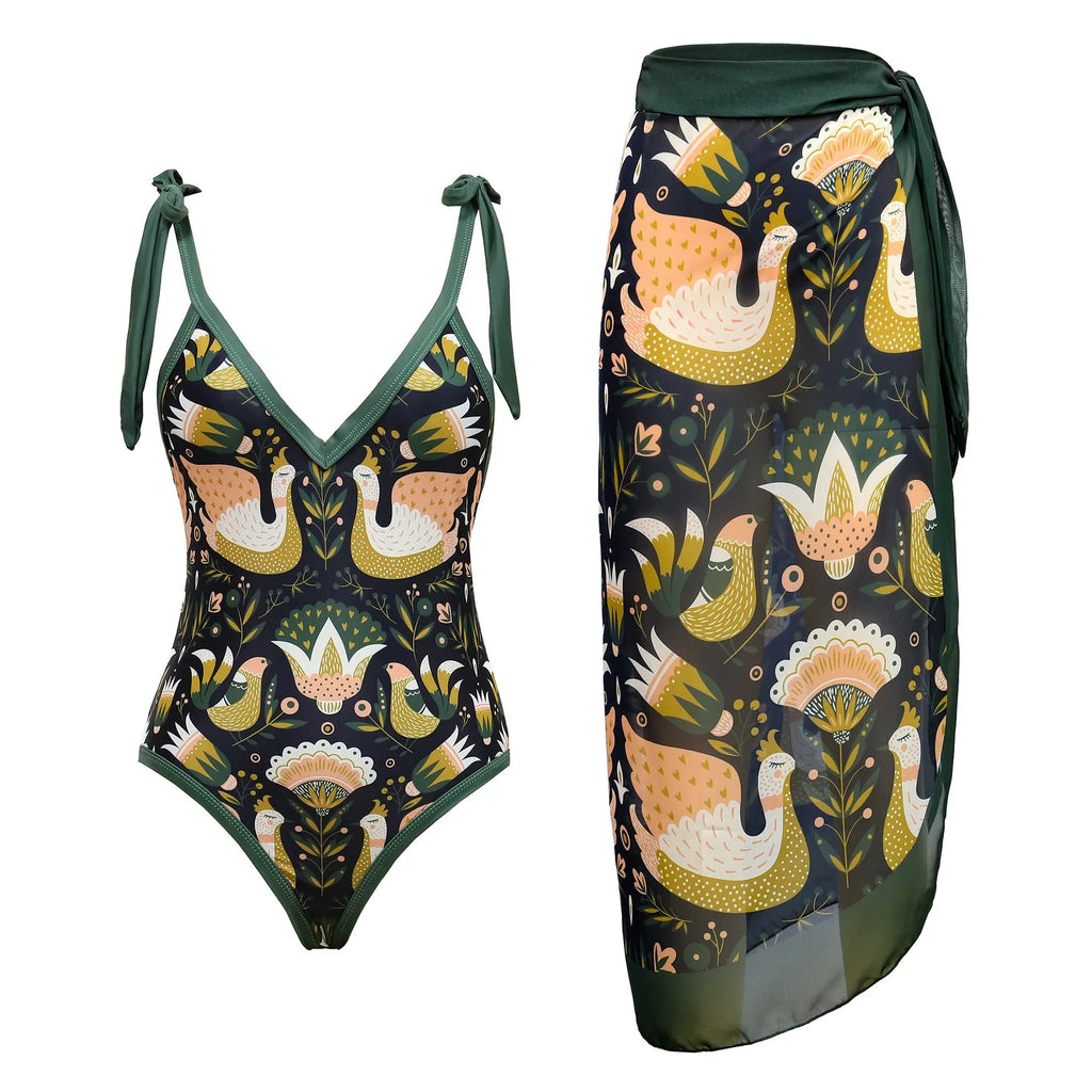 Women's solid colour one-piece swimsuit with spaghetti straps and a removable matching skirt.