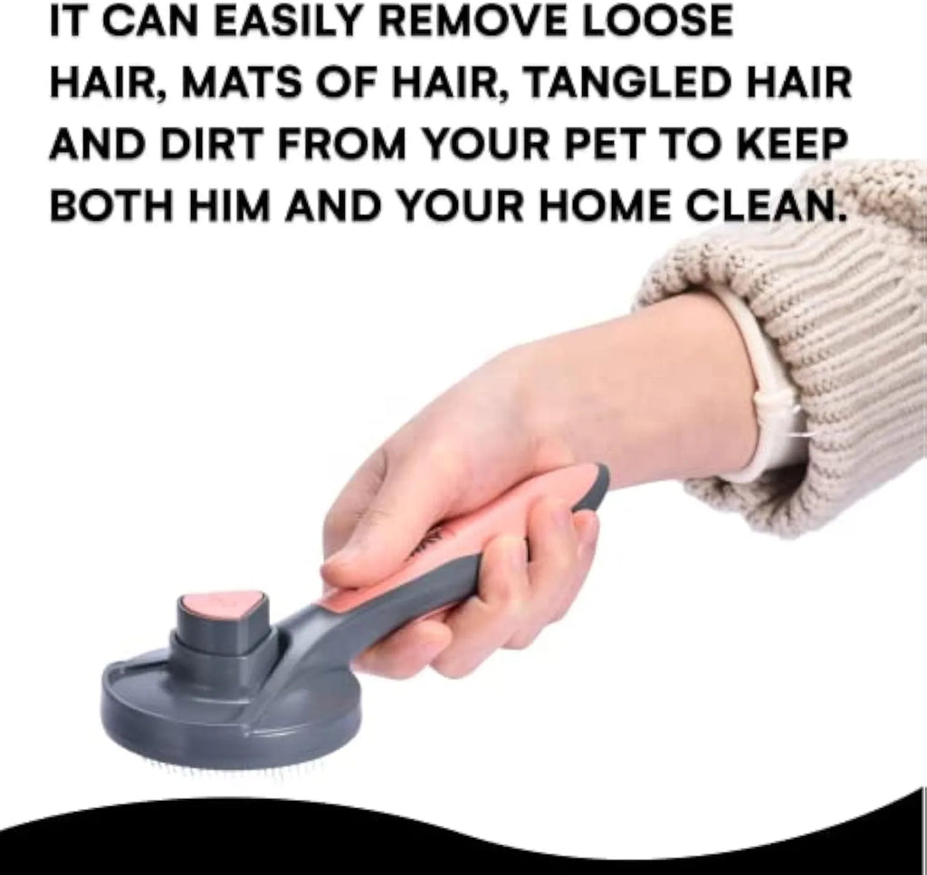 Grey green pink self-cleaning pet grooming brush with one-click button and comfort-grip handle