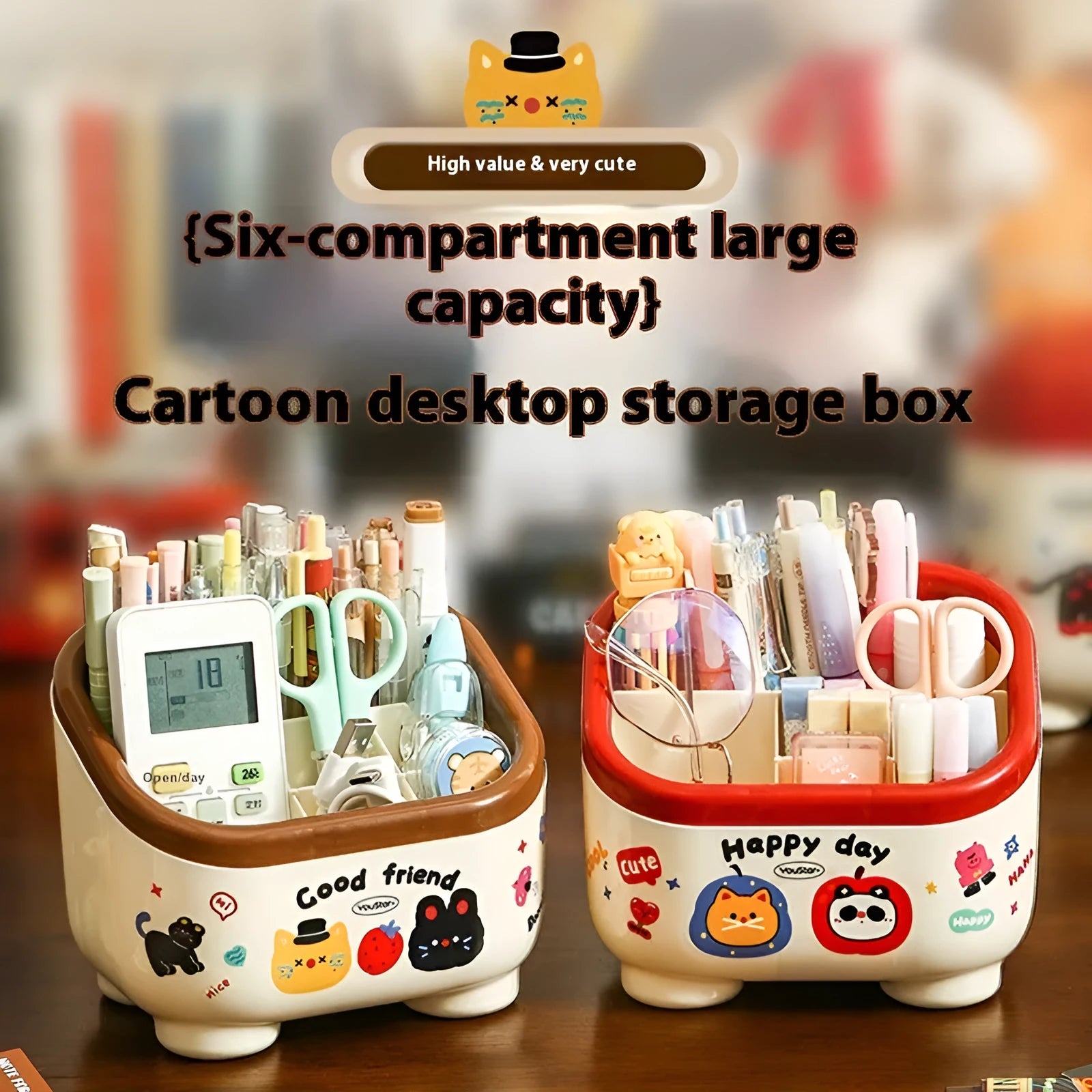 Cartoon style desktop storage set with plastic boxes, pen holder, and trash can in red or brown colours