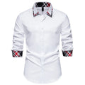 Men's plaid long sleeve shirt with triangle collar in blue, black or white colour options
