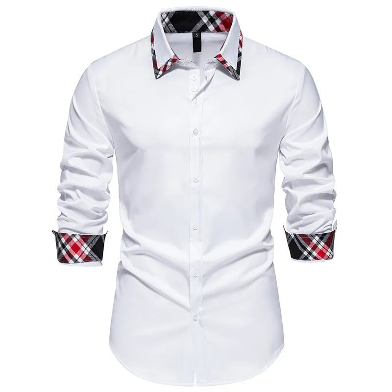 Men's plaid long sleeve shirt with triangle collar in blue, black or white colour options