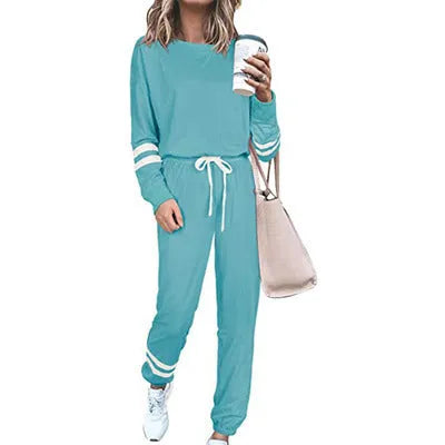 Women's loose fit solid color two-piece casual suit in apricot, black, and blue sizes S to 3XL