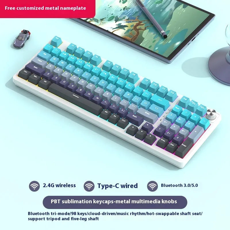 98-key wireless mechanical keyboard with metal knob in multiple colour options