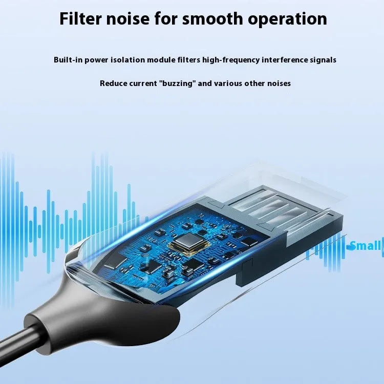 NAI USB car Bluetooth audio receiver with zinc alloy USB plug, copper 3.5mm jack, and PU-covered spring wire.