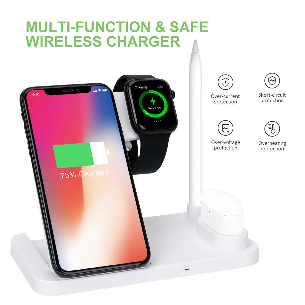 Folding 4-in-1 wireless charger in space grey colour, shown upright as a phone stand with an iPhone charging.