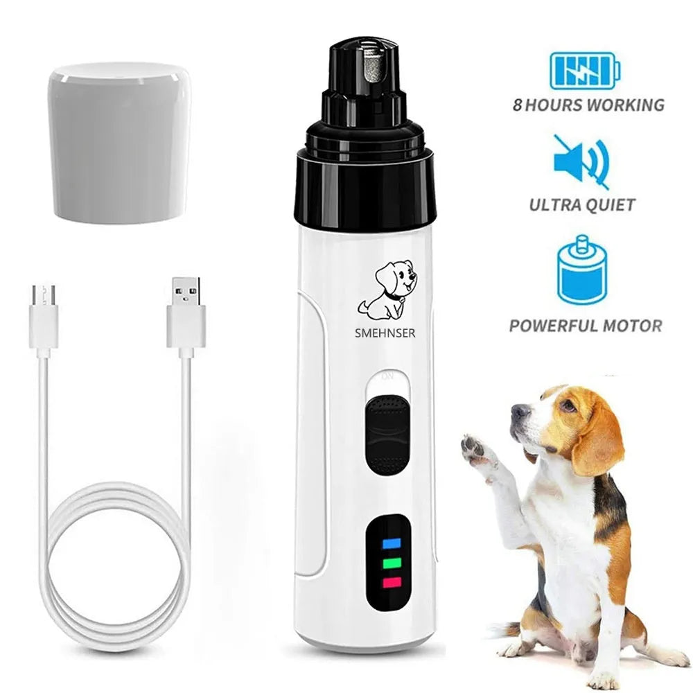 Electric dog nail grinder with LCD screen, LED lights, and a dust collection cup attached.