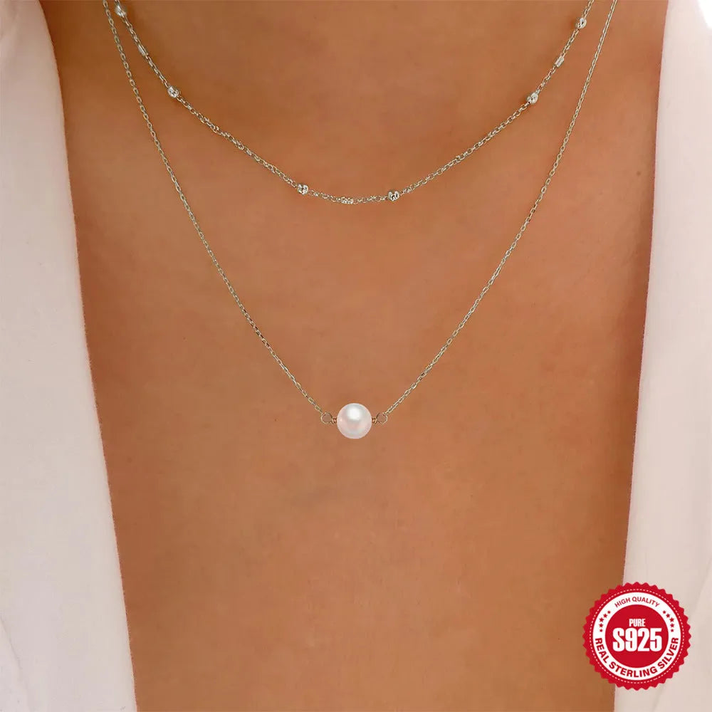 S925 sterling silver double layer pearl necklace with ball bead chain in gold finish