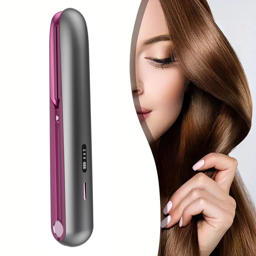 Moon shadow grey wireless hair straightener with plywood shell and LCD temperature display.