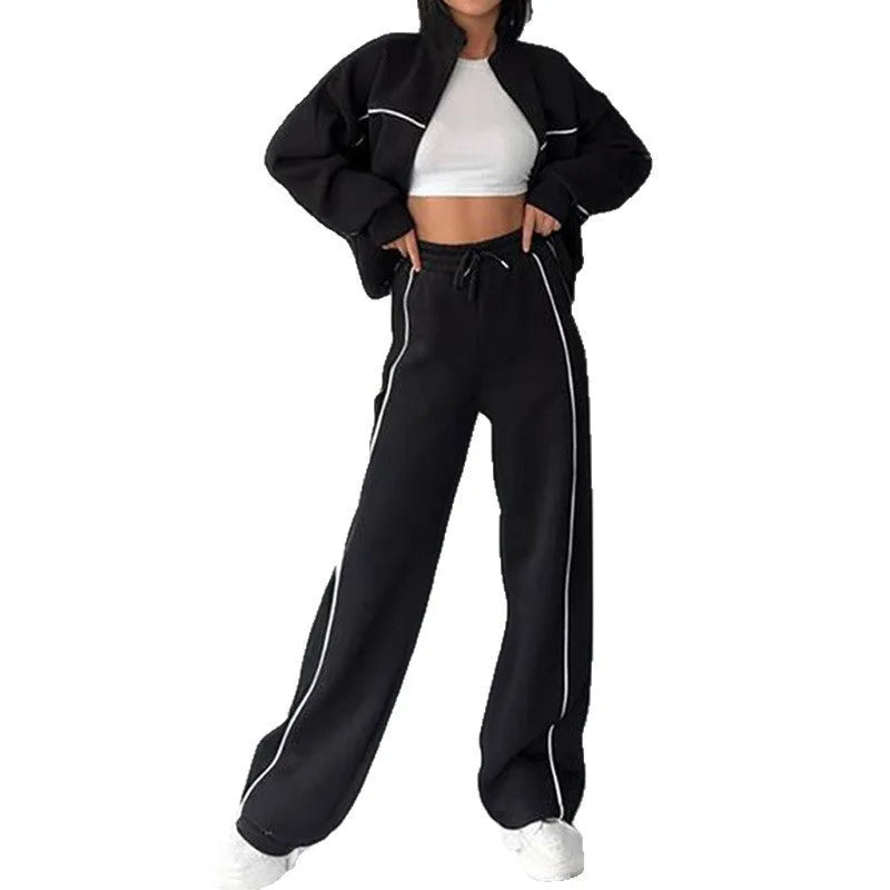 Casual polyester suit set with mock neck hoodie and lace-up striped trousers in six colour options