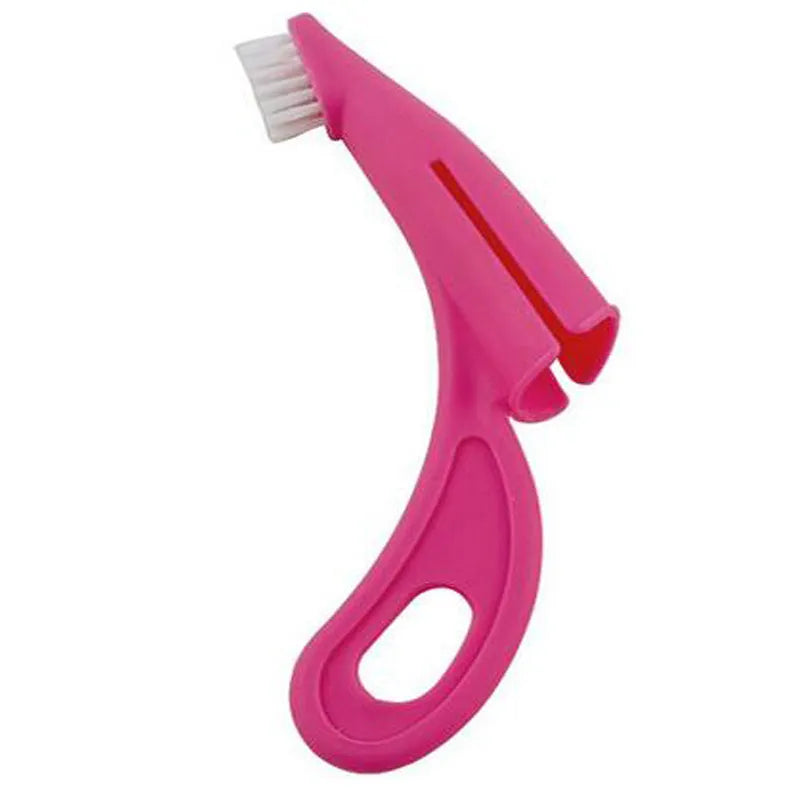 Red and white pet finger toothbrush with soft silicone bristles and a finger sleeve for cleaning dog or cat teeth.