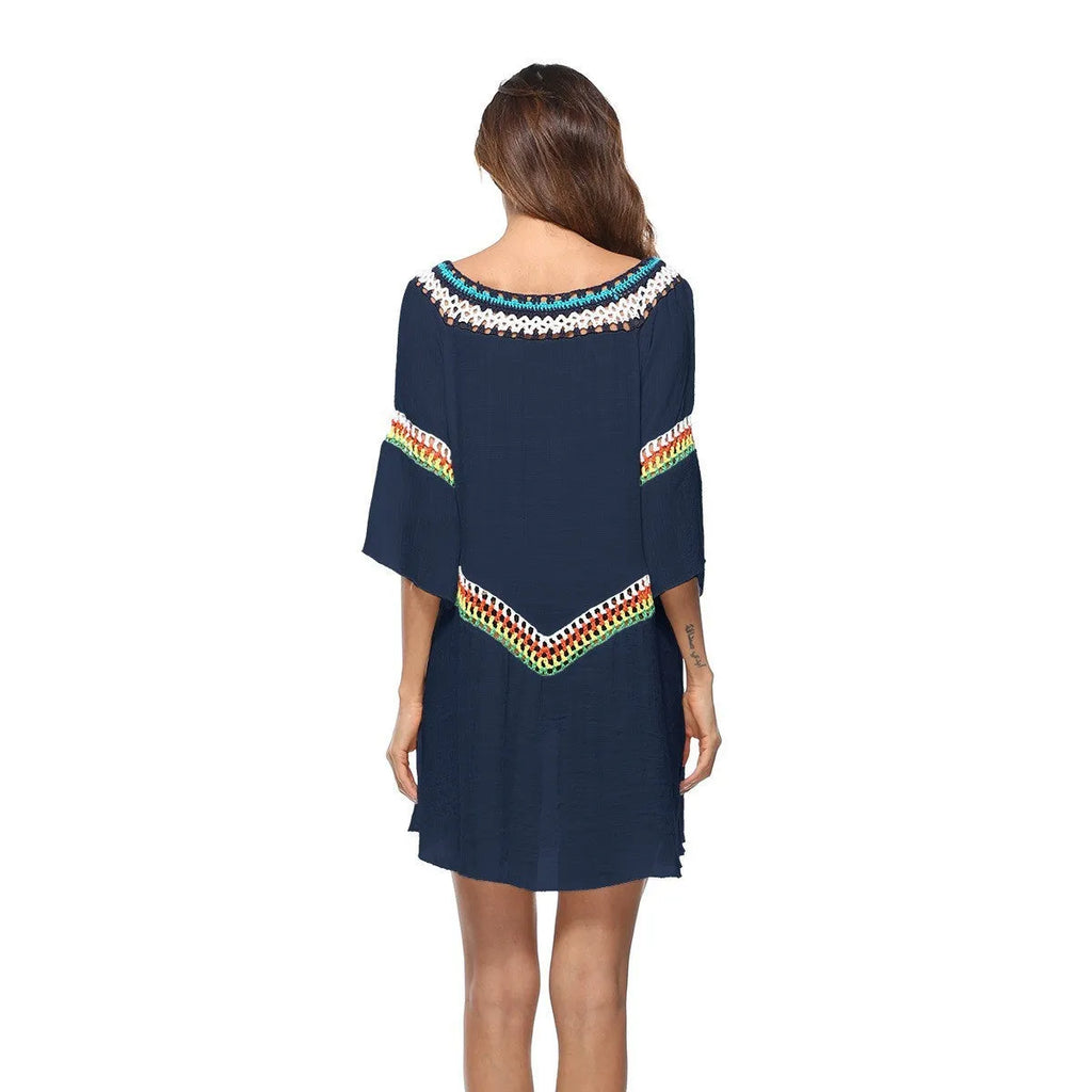 Women's crocheted ethnic style sun protection clothing cover-up in apricot colour.