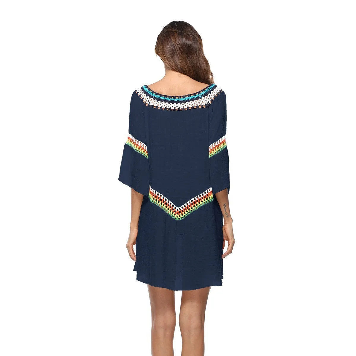 Women's crocheted ethnic style sun protection clothing cover-up in apricot colour.