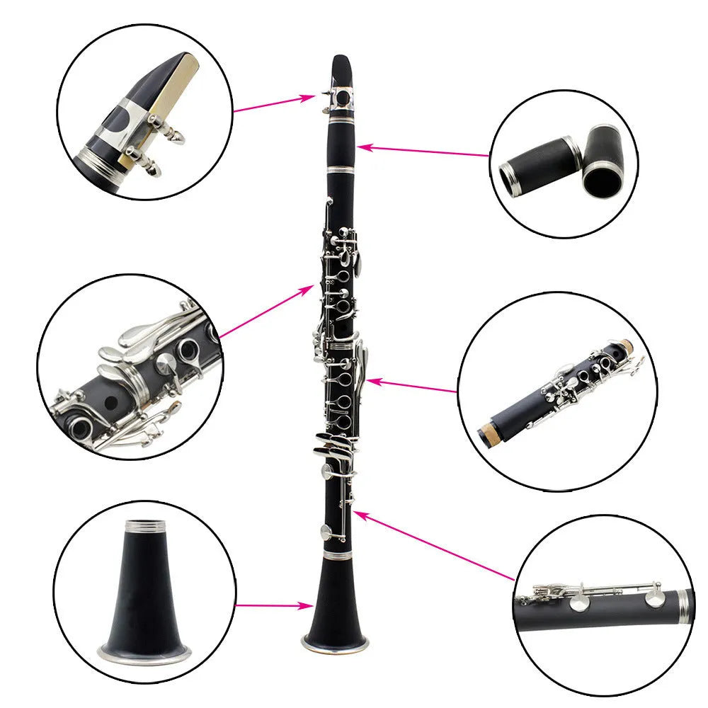Black Bakelite clarinet with nickel keys showing 17-key mechanism and included carrying bag