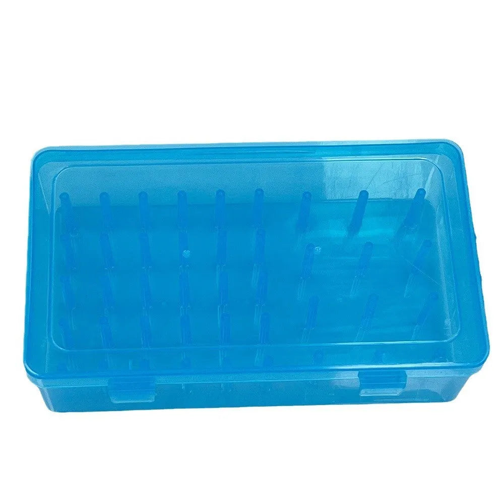 Transparent plastic storage box with 42 small compartments for organising embroidery thread.