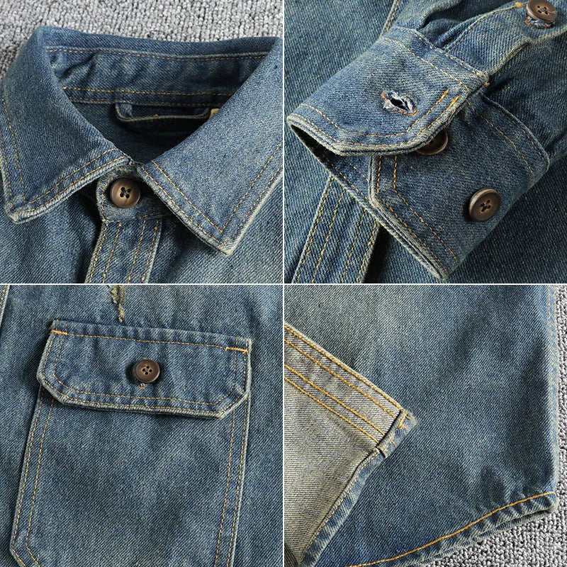 Men's vintage denim shirt in light blue washed cotton with loose fit and long sleeves