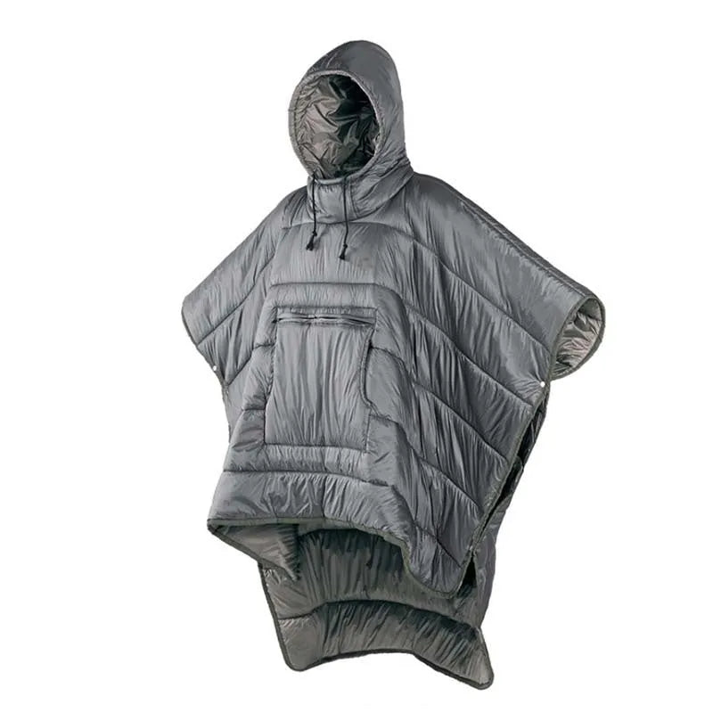 Grey outdoor cloak sleeping bag with hood showing transformation to wearable cape