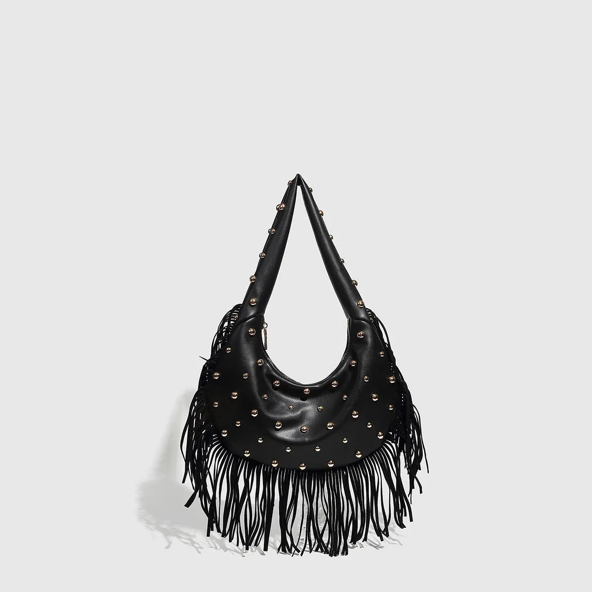 Black retro shoulder handbag with a tassel and an internal mobile phone compartment.