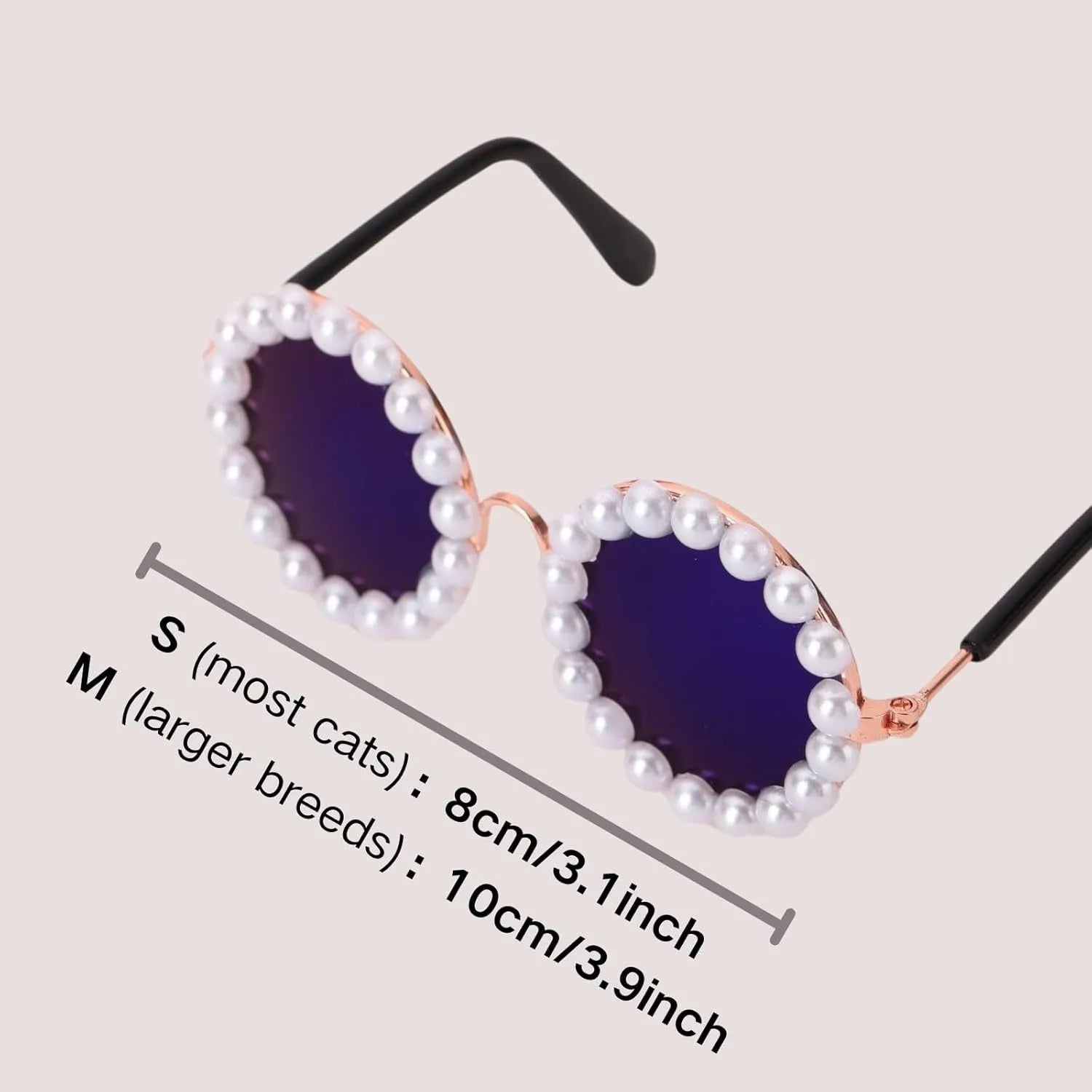 Pearl-rimmed round sunglasses for a cat or dog on a festive background.