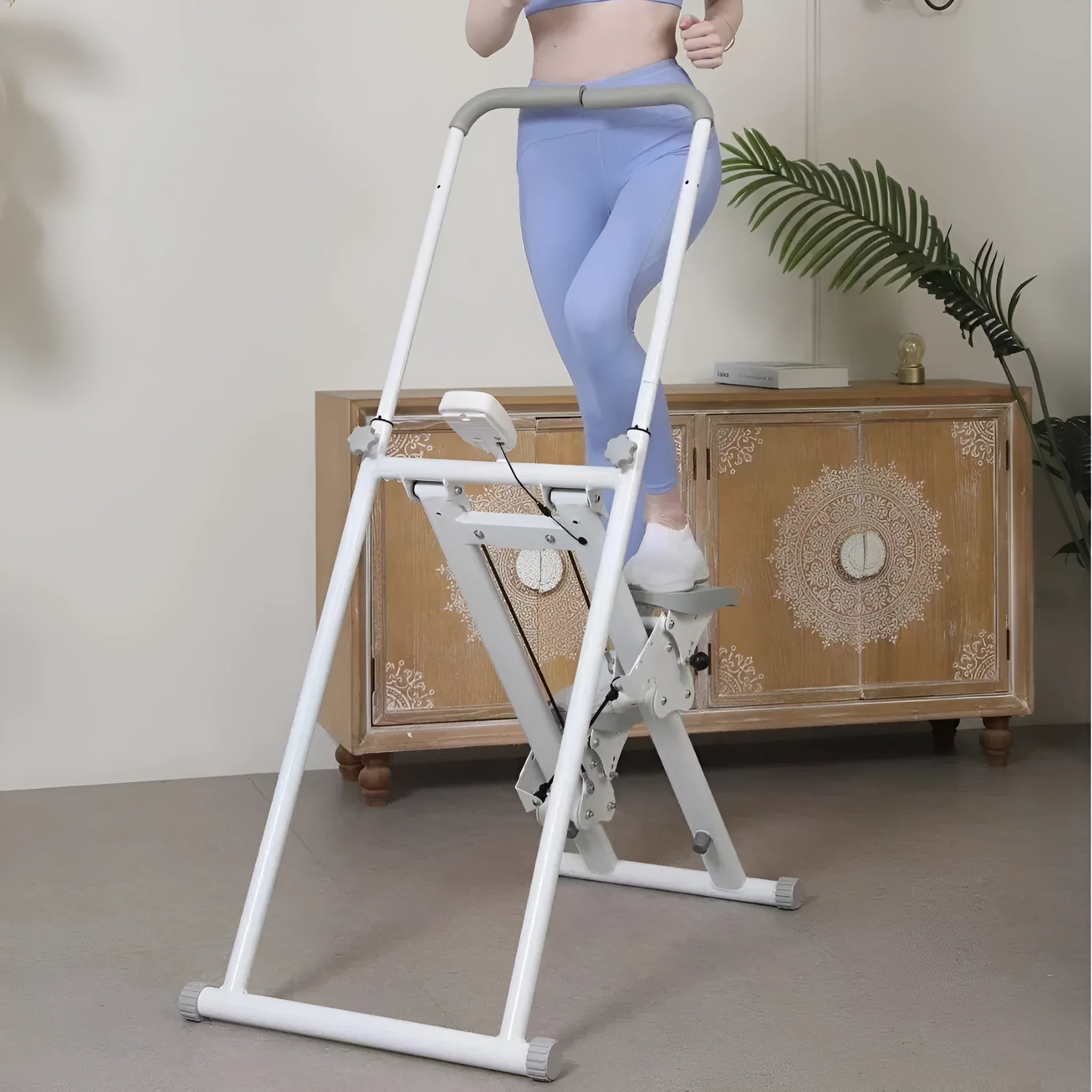 White foldable indoor climbing frame with treadmill function for home fitness exercise