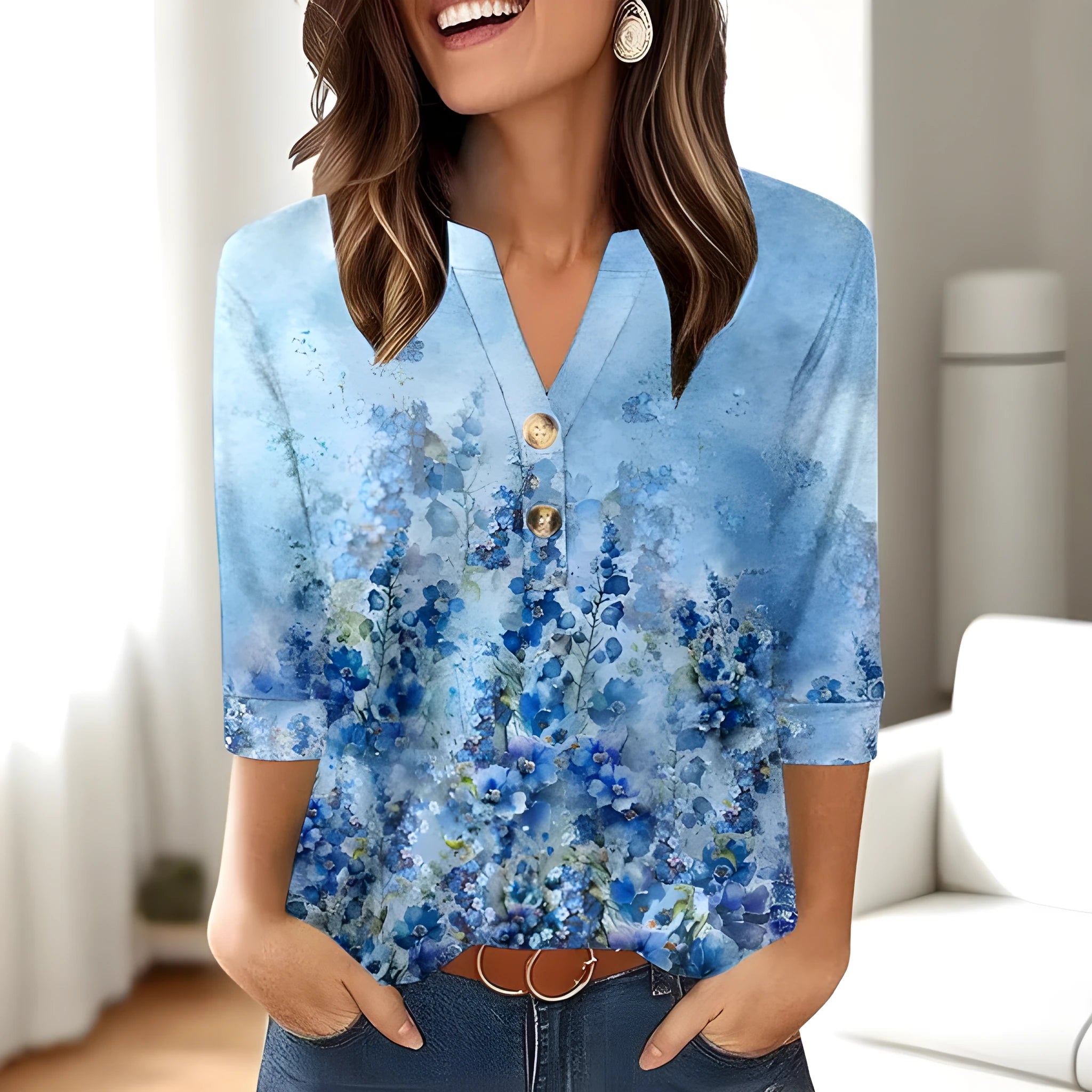 Women's casual V-neck top with 3D pattern in loose fit Japanese style