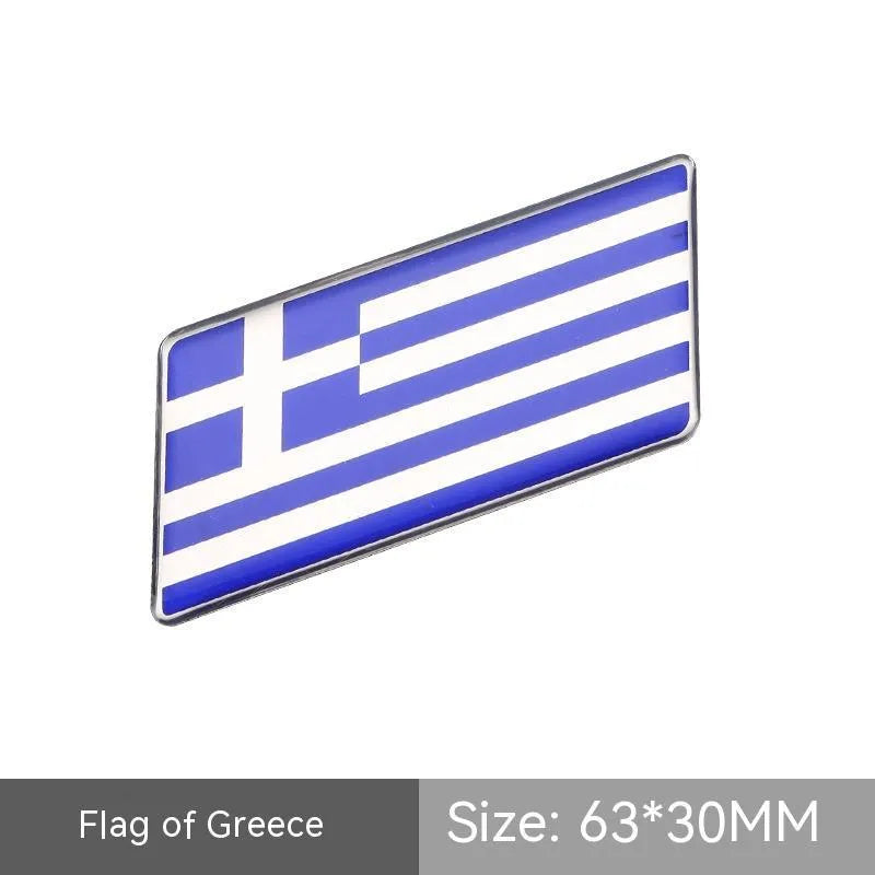 Aluminium parallelogram car sticker with national flag design measuring 6.3 by 3 cm