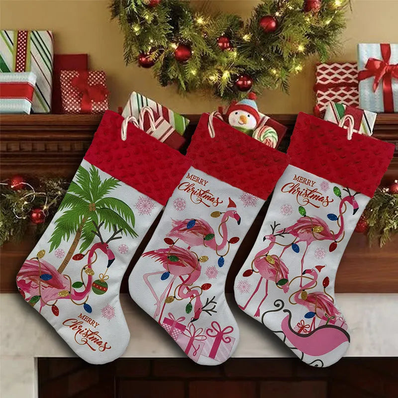 Flamingo Christmas stocking holiday decoration in cloth material measuring 46cm by 28cm