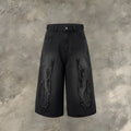 Men's black denim shorts with flame embroidery patch detailing, cropped length, straight leg cut