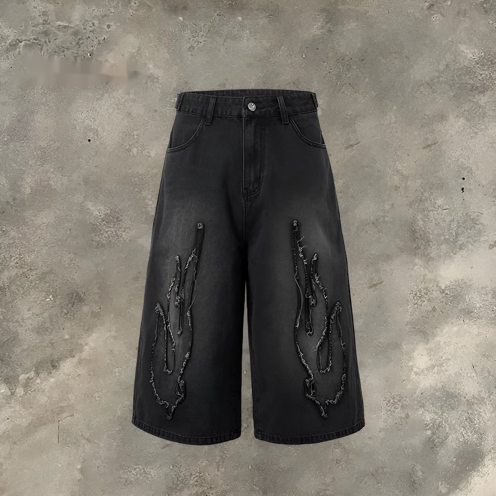 Men's black denim shorts with flame embroidery patch detailing, cropped length, straight leg cut