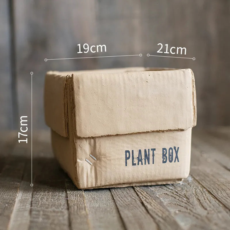 Cement brown paper box style flowerpot with bottom drainage hole for indoor balcony gardening